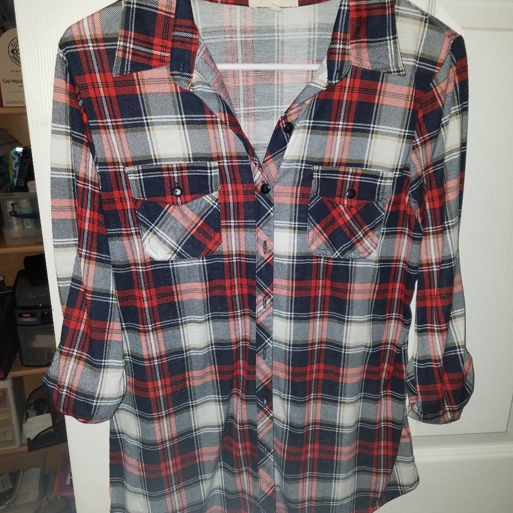 Urban Girl Plaid Button Down Red, White, Blue L